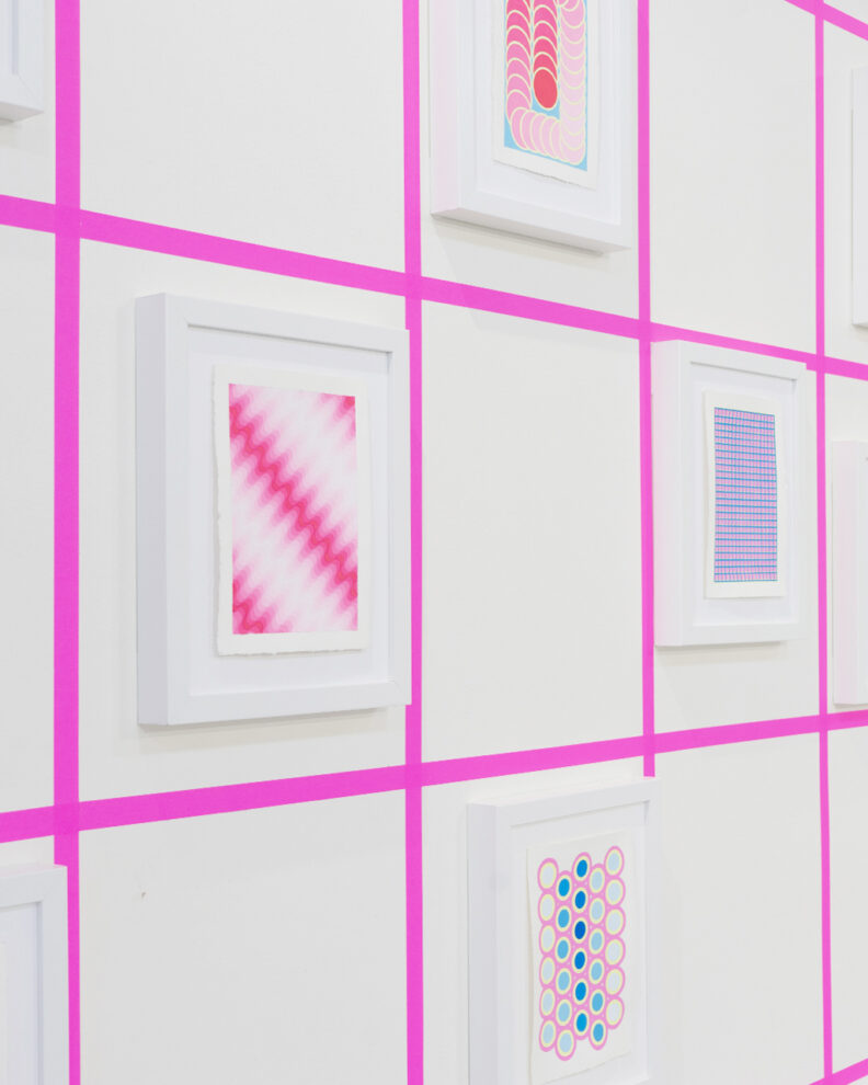 Zoom in detail of Zeinab's bright painting in a pink grid.
