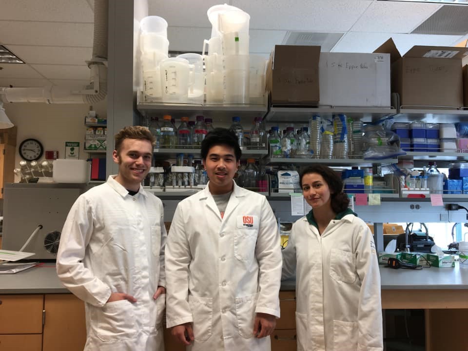 Three undergraduate students in lab wearing lab coats.