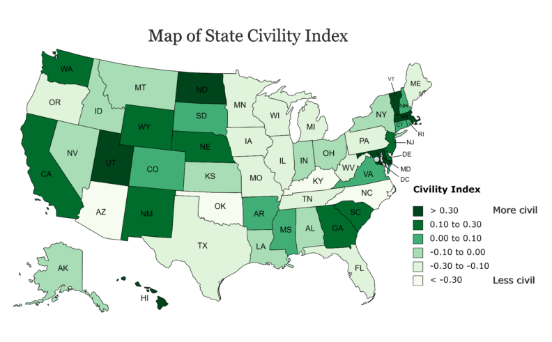 Map of State Civility Index, United States. See long description of map data at the bottom of this page.