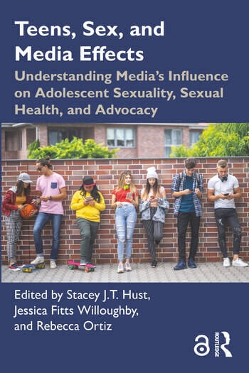 Book cover of teens, sex, and media effects that shows group of teens using digital devices in front of a brick wall