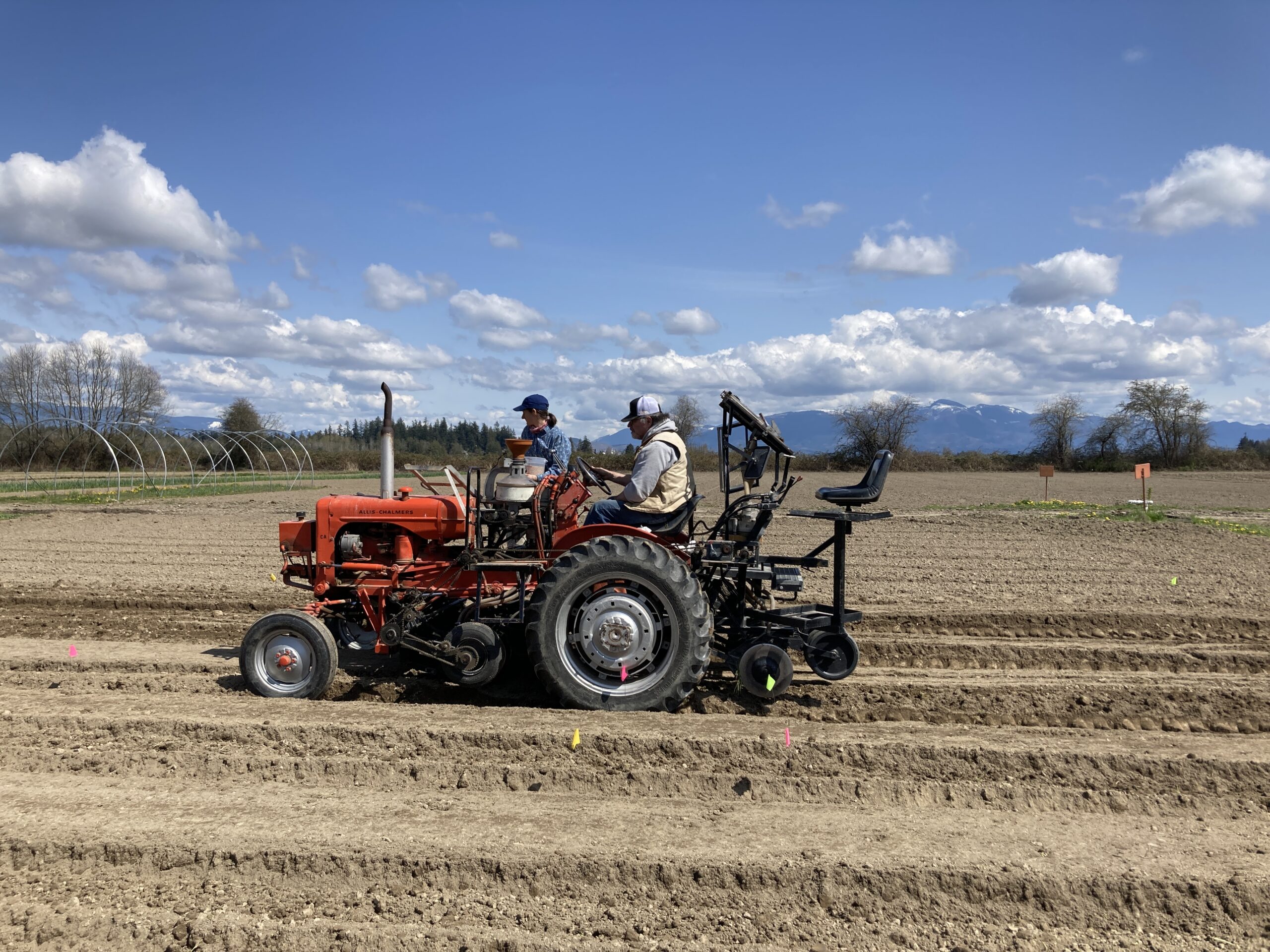 Researchers operating a small tractor fitted with a planter.