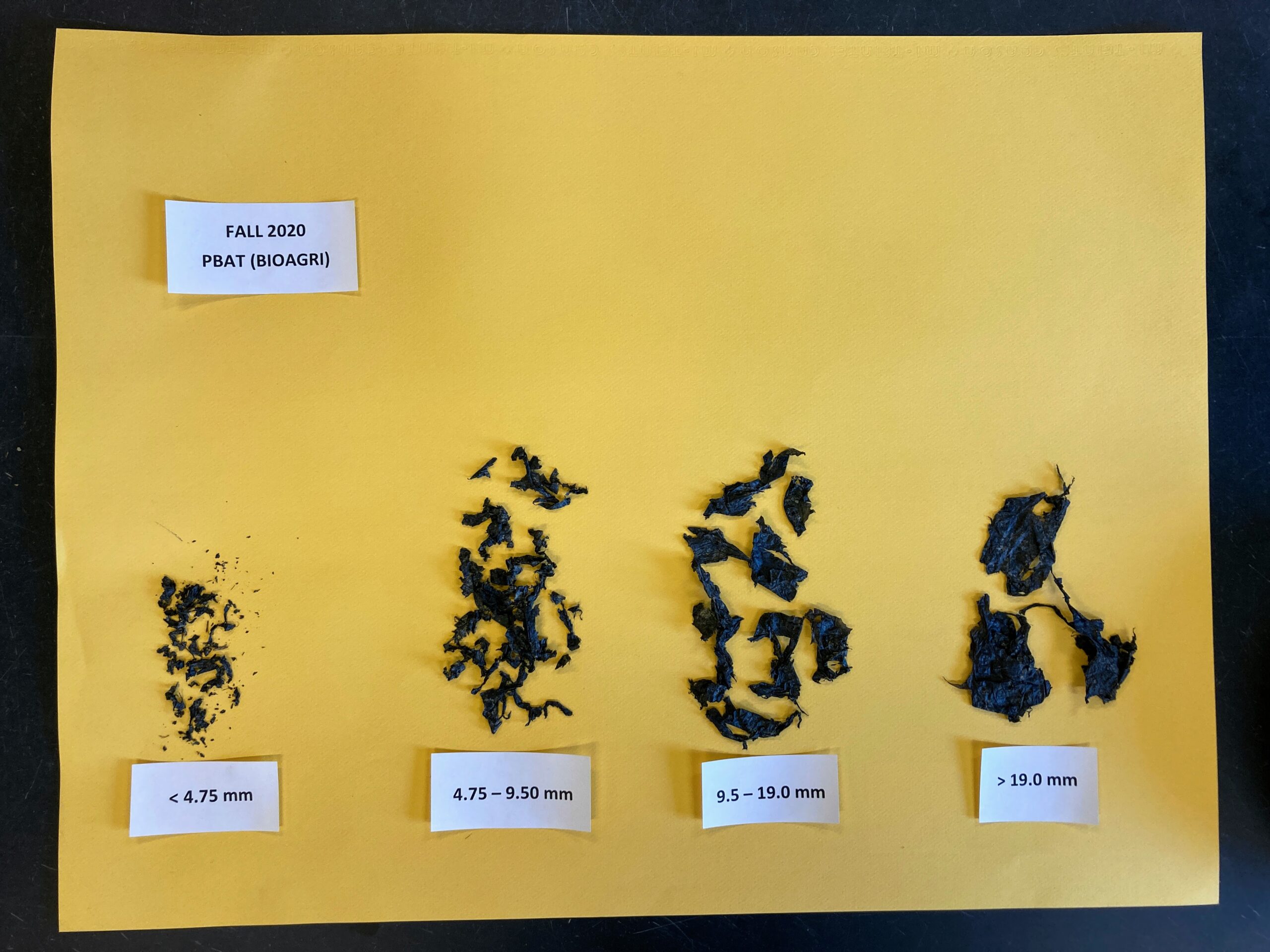 Groups of degraded mulch sorted by size class.