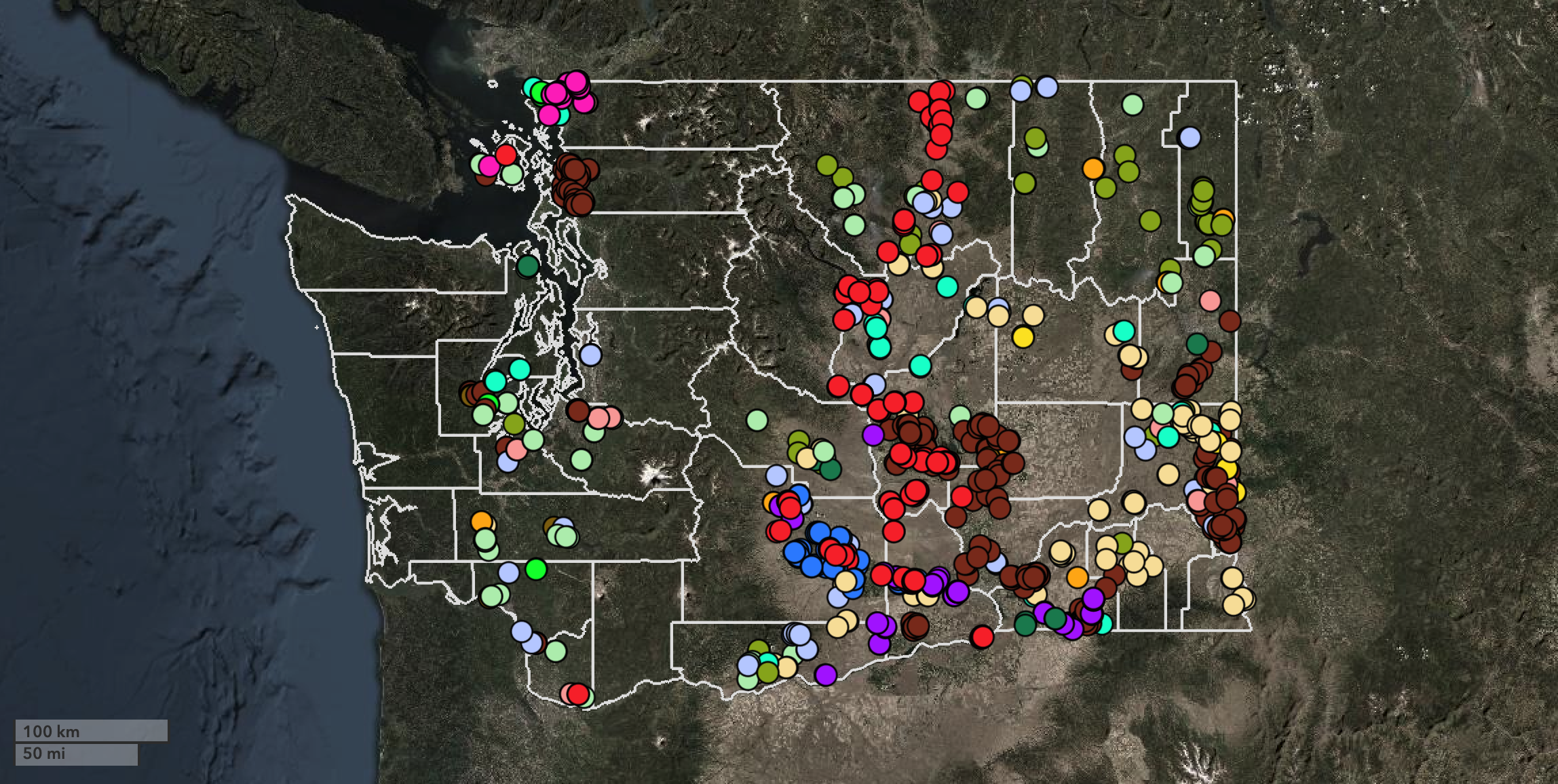 A map of Washington dotted with numerous sampling points.