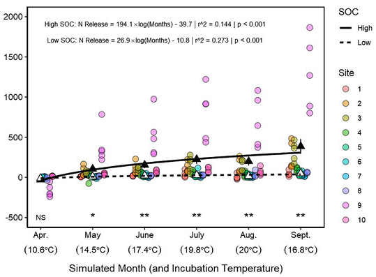 Scatter plot showing nitrogen release over simulated months (April to September) with corresponding incubation temperatures (10.6°C to 20°C) on the x-axis and N release (mg/kg) on the y-axis. Data points are colored by site (10 total). Two trend lines represent soils with high soil organic carbon (SOC) (solid black line) and low SOC (dashed black line). High SOC shows a gradual increase in N release across months, while low SOC remains near zero. Reported equations: High SOC, N release = 194.1 × log(Months) – 39.7 (R² = 0.144, p < 0.001); Low SOC, N release = 26.9 × log(Months) – 10.8 (R² = 0.273, p < 0.001).
