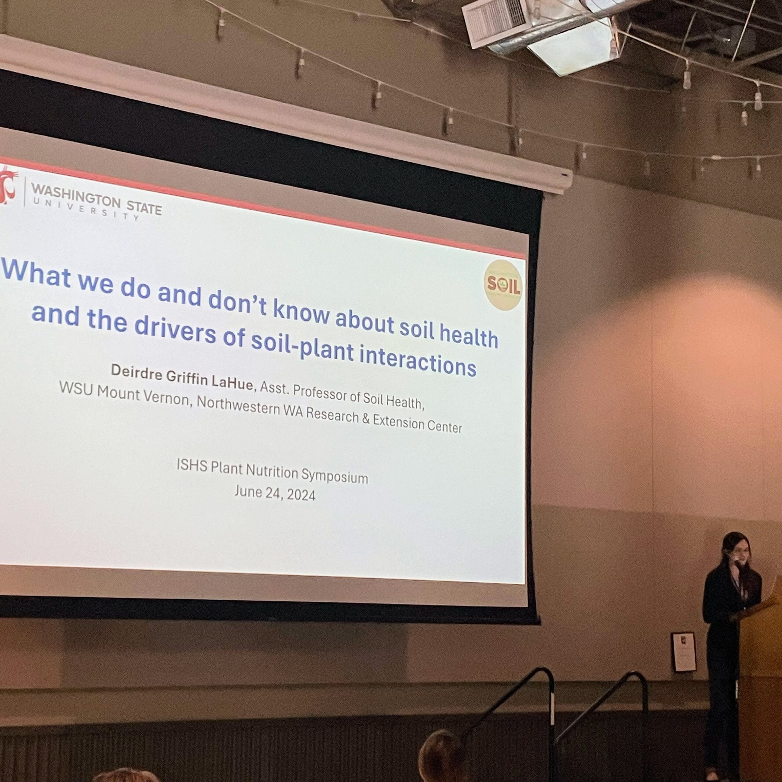 Deirdre giving a presentation at a podium with projected slides behind her.