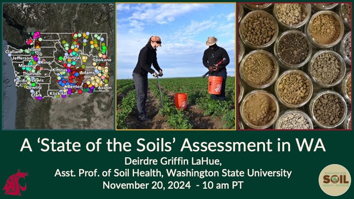 Slide cover for State of the Soils Assessment presentation. Has pictures of soils, a map, and people sampling