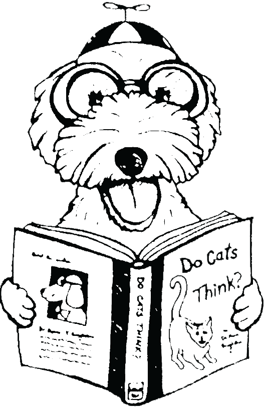 Charicature of a dog reading a book.