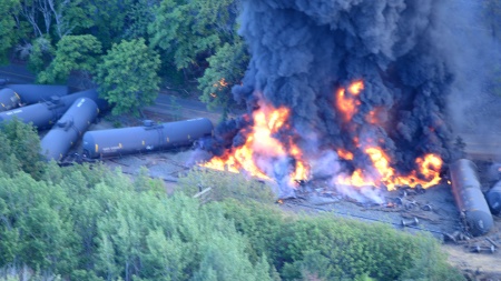 Oil train burning in the wake of the 2016 Mosier Oregon derailment. 