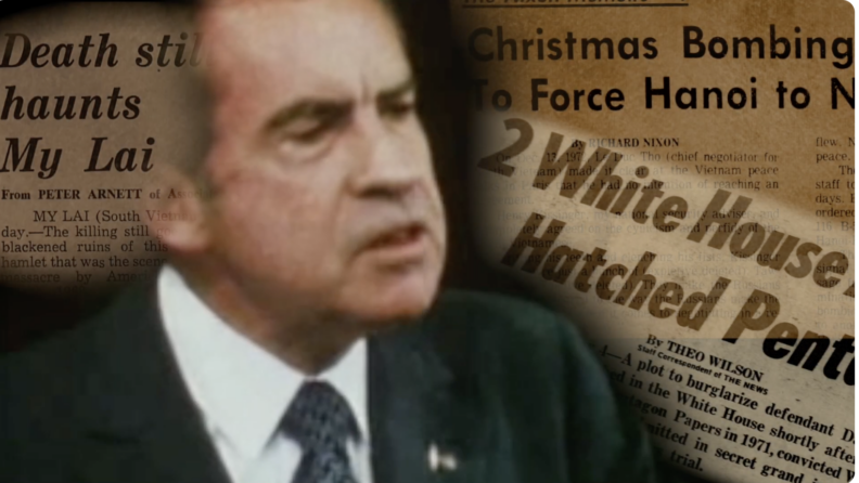 Photo of profile of Richard Nixon surrounded by yellowed newspapers with headlines about My Lai massacre