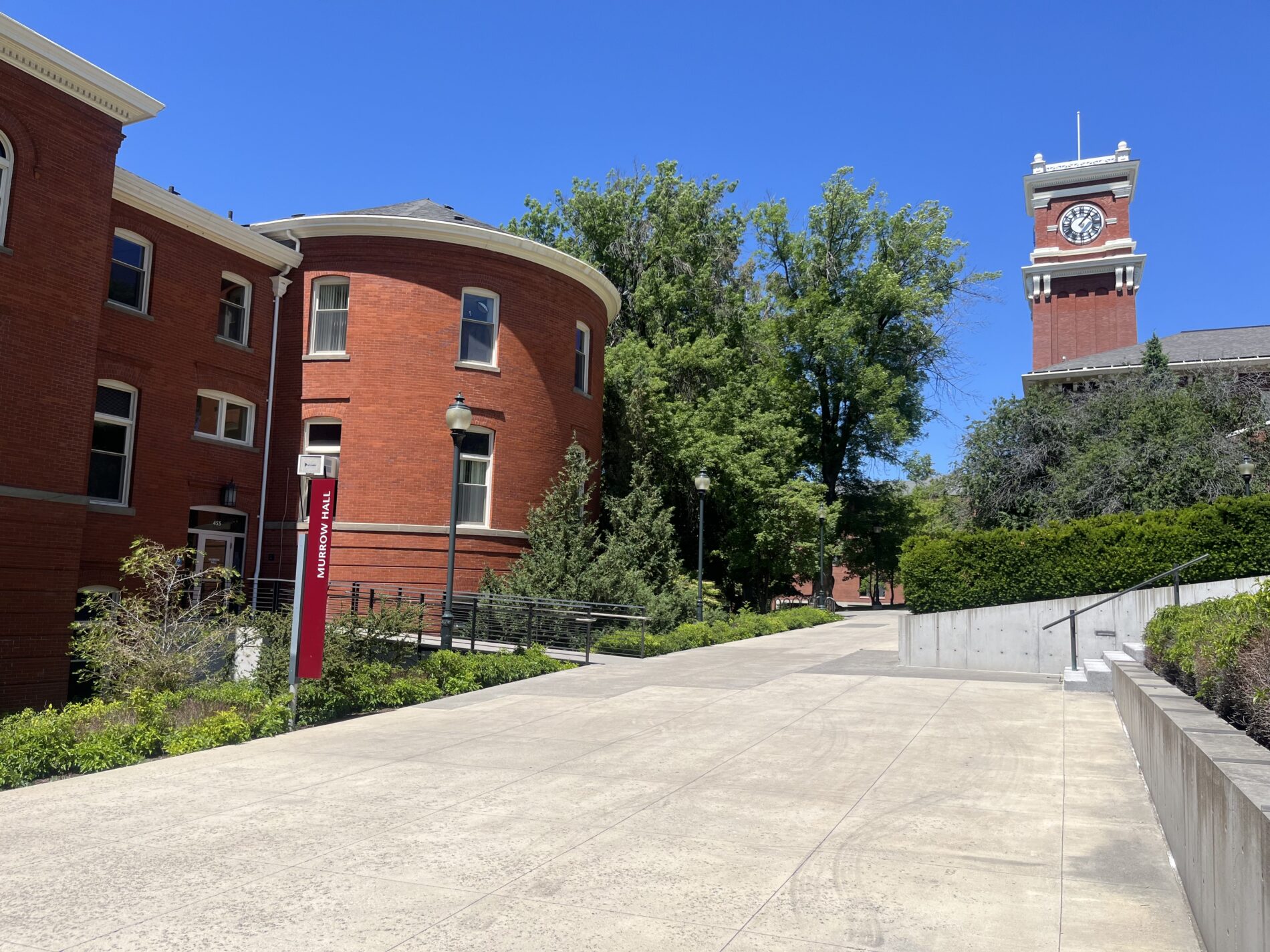Murrow Hall with a clock tower in the background