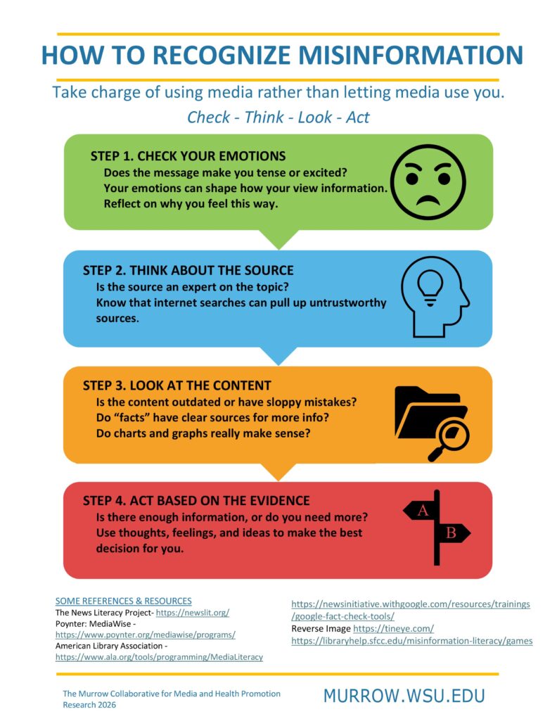 HOW TO RECOGNIZE MISINFORMATION Take charge of using media rather than letting media use you. Check - Think - Look - Act STEP 1. CHECK YOUR EMOTIONS Does the message make you tense or excited? Your emotions can shape how your view information. Reflect on why you feel this way. STEP 2. THINK ABOUT THE SOURCE Is the source an expert on the topic? Know that internet searches can pull up untrustworthy sources. STEP 3. LOOK AT THE CONTENT Is the content outdated or have sloppy mistakes? Do “facts” have clear sources for more info? Do charts and graphs really make sense? STEP 4. ACT BASED ON THE EVIDENCE Is there enough information, or do you need more? Use thoughts, feelings, and ideas to make the best decision for you. SOME ADDITIONAL REFERENCES & RESOURCES The News Literacy Project- https://newslit.org/ Poynter: MediaWise - https://www.poynter.org/mediawise/programs/ American Library Association - https://www.ala.org/tools/programming/MediaLiteracy https://newsinitiative.withgoogle.com/resources/trainings/google-fact-check-tools/ Reverse Image https://tineye.com/ https://libraryhelp.sfcc.edu/misinformation-literacy/games