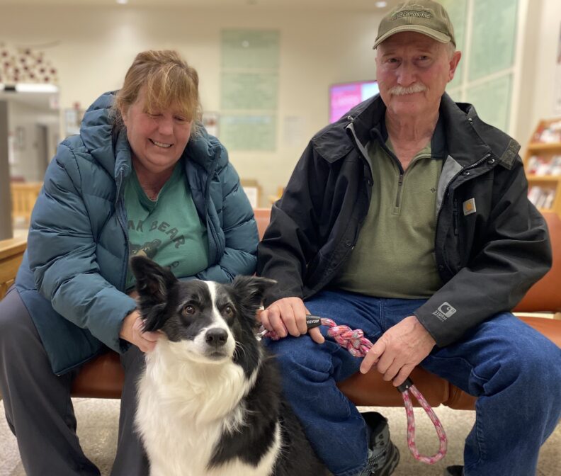 Annie, a black and white Collie, with her two humans.