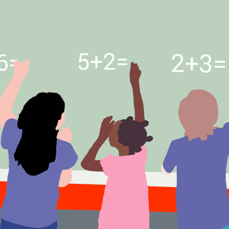 Drawing of three children at a chalkboard solving addition problems.