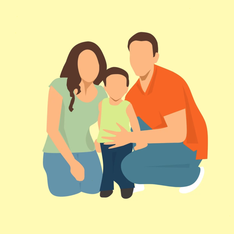 Drawing of a mother, son, and father sitting together.
