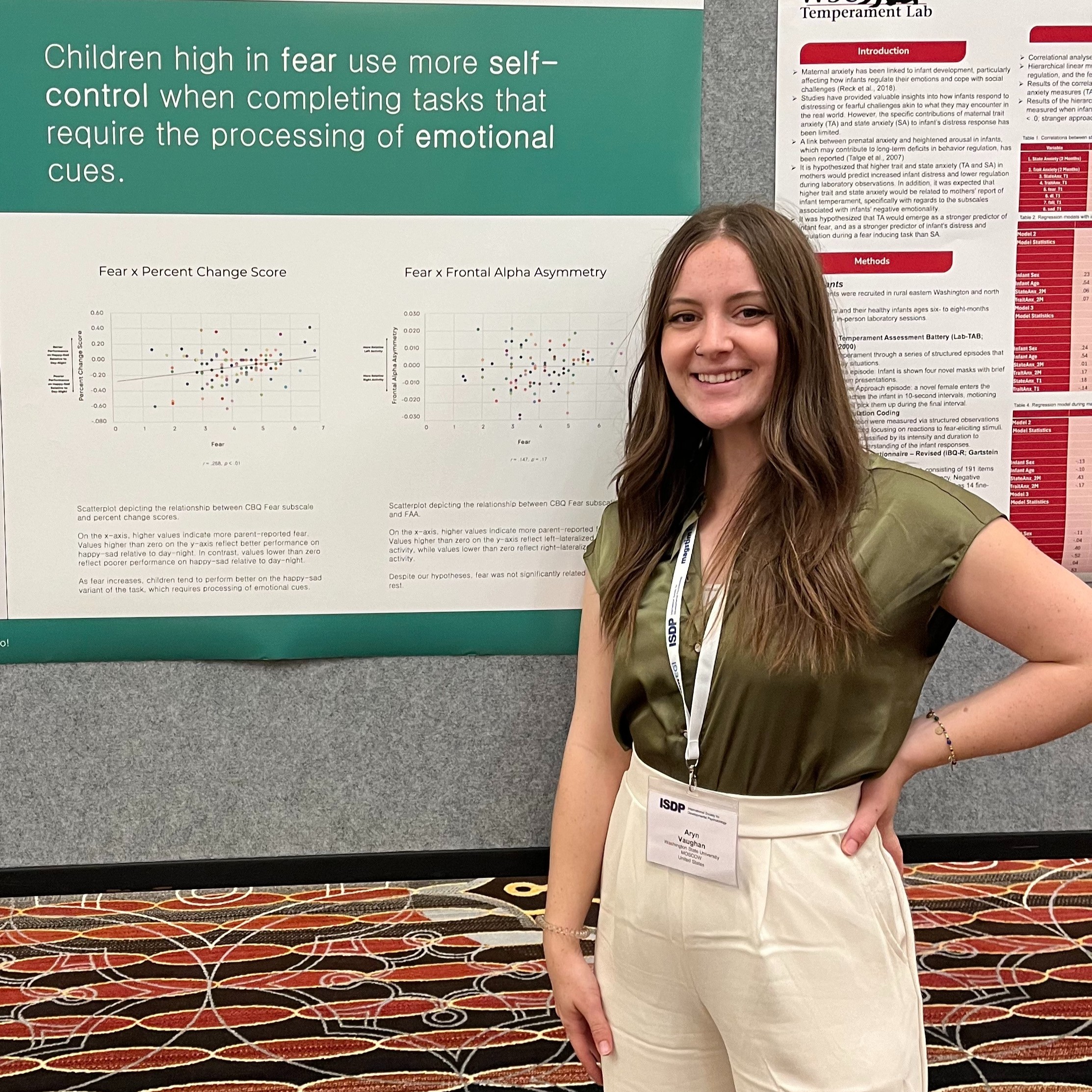 A woman with brown hair standing in front of a research poster and smiling.