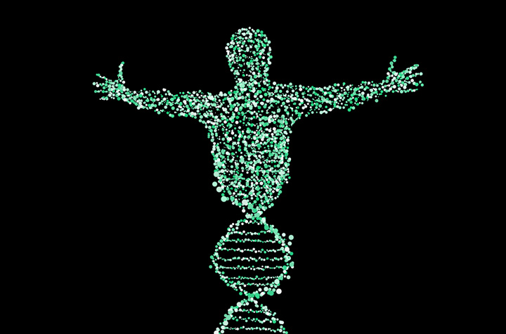 Artistic illustration of a human made up of dna.