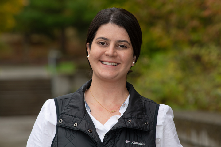 Aline outside the college in autumn.