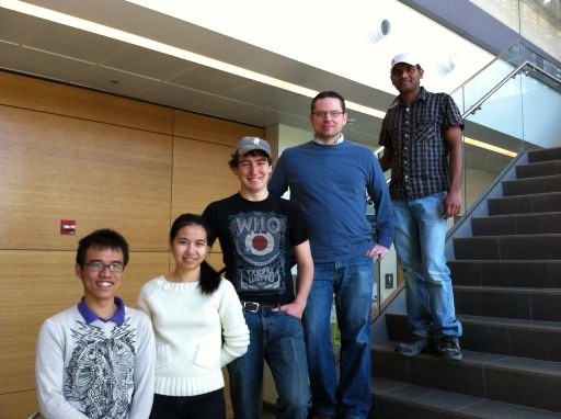 The group assembled on the stairs of the Integrated Science Building in Spring 2012 (left to right: Dongming, Kim, Keith, Kevin, Swamy)
