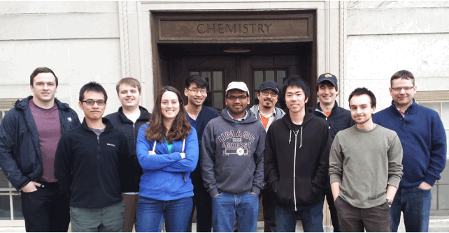 Picture of the group taken in March of 2014 outside Goessmann Labs (from left to right: Niall, Dongming, Sam, Jenileigh, William, Swamy, Gino, Fumi, Keith, Michael, Kevin)