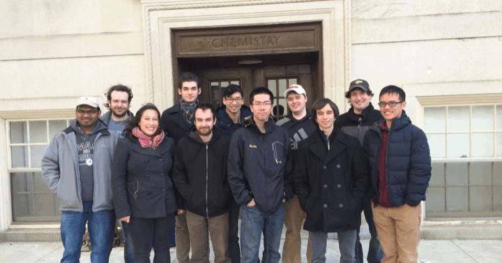 Photograph of the group outside of Goessmann Labs at the campus of UMass Amherst in January 2016 (from left-to-right: Swamy, Peter, Elaine, Chris, Michael, William, Fumi, Sam, Steven, Keith, and Dongming)