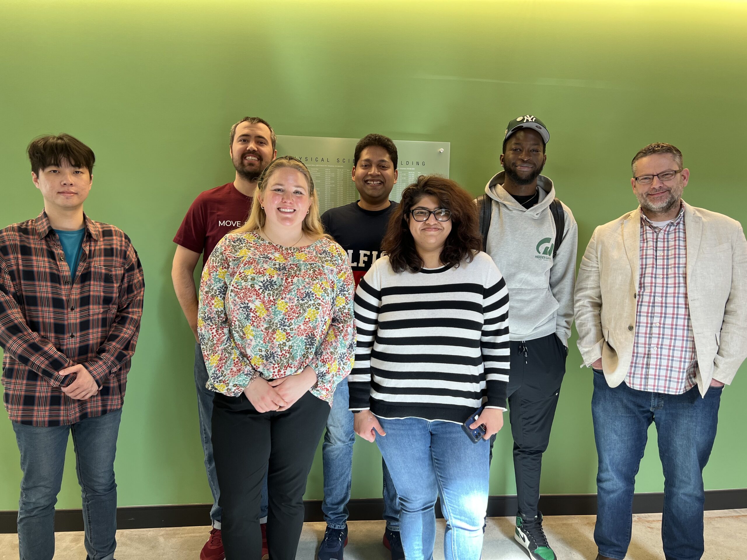 Photograph taken after Jillian Denhardt's Final Examination in April 2022. Pictured from left-to-right are: Hyunggu, Enes, Dr. Jill, Gaurav, Haneen, Mo, and Kevin. 