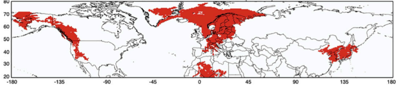Locations of four concurrent large heatwaves on 30 Jul 2018. Image links to larger version.