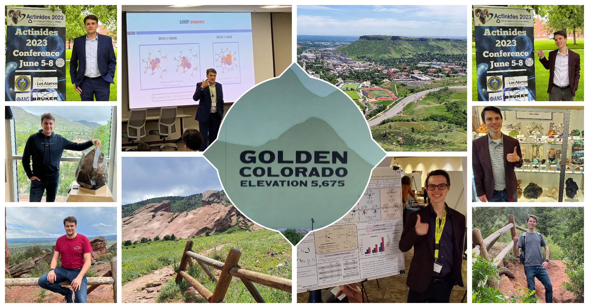 Left: Ivan in Golden Colorado. Middle: Sign that says "Golden Colorado Elevation 5,675". Right: Chad in Golden Colorado.
