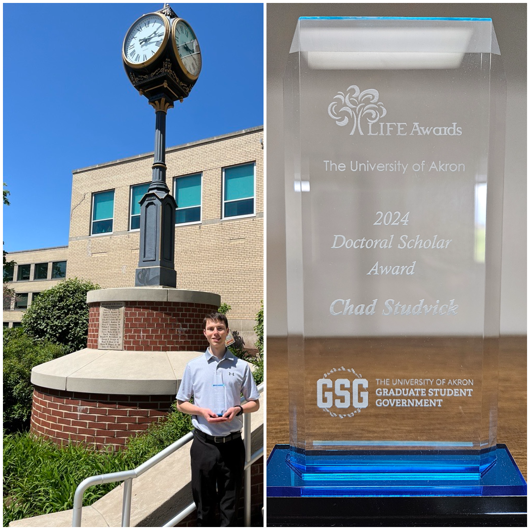 Left: Chad holding his Akron Life Award in front of a clock. Right: Close-up of the Akron Life Award.