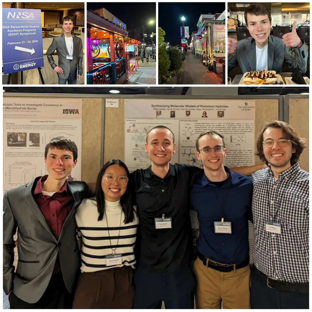 Top Left: Chad next to signs that says "NNSA 2024 Stewardship Science Academic Programs (SSAP) Symposium. February 21-22, 2024. Top middle left and middle right: Restaurants near the conference hall. Top Right: Chad with food. Bottom: Chad with other graduate students on the TRU CoRE grant.