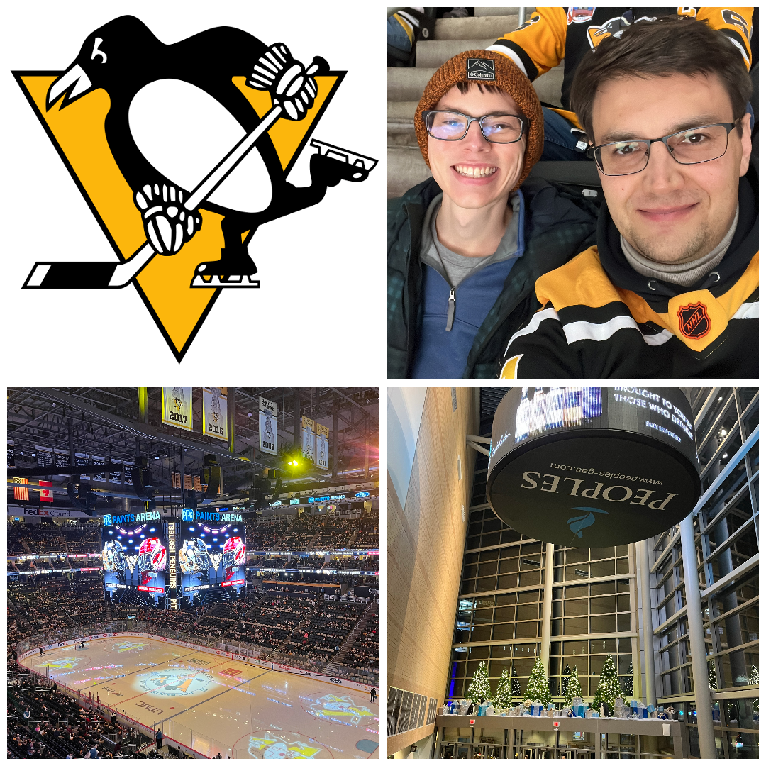 Top Left: Pittsburgh Penguins logo. Top Right: Ivan and Chad. Bottom Left: The PPG Paints arena. Bottom Right: The entrance to PPG Paints arena.