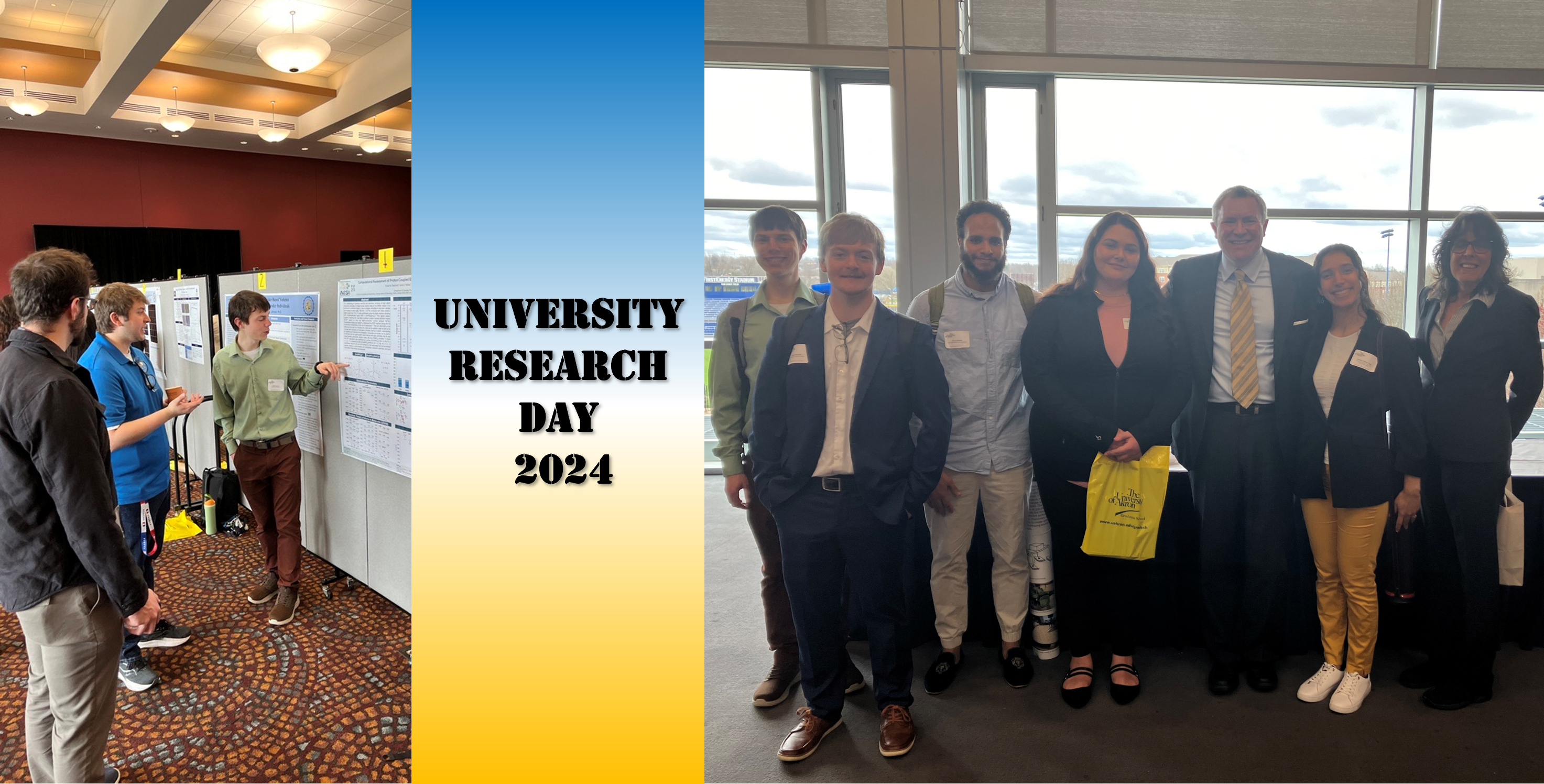 University Research Day 2024. Left: Chad explains his poster to his fellow graduate students. Right: Group photo of Chad with specially selected students.