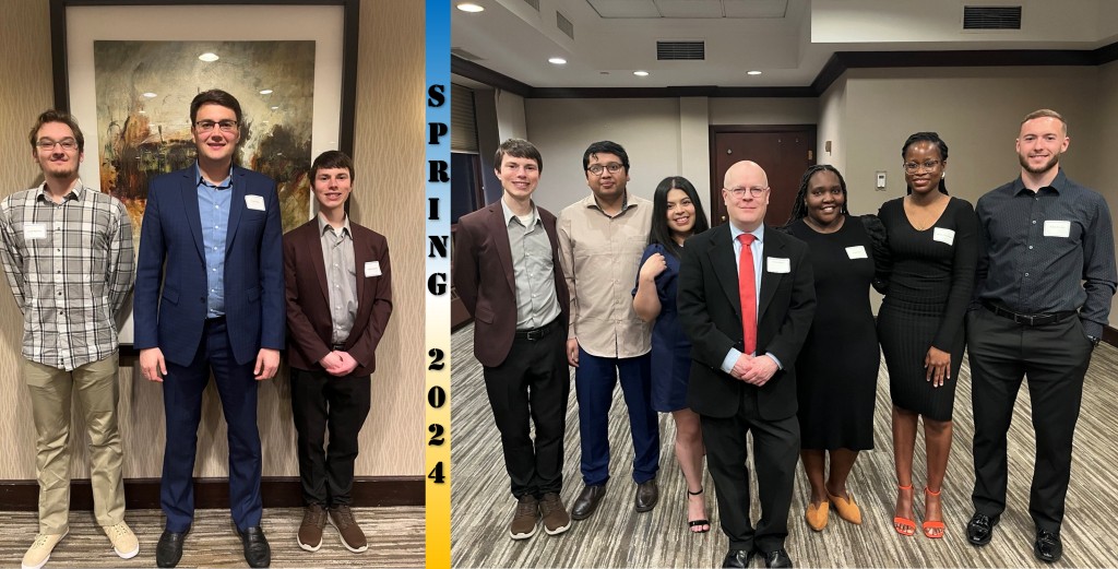 Middle text: Spring 2023. Left: Jonah Sprosty, Dr. Ivan Popov, and Chad. Right: Chad with other recipients of awards at the banquet.