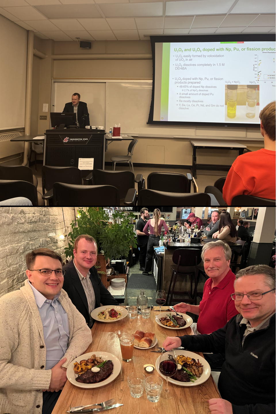 Top: Dr. Nathan Bessen giving his presentation Bottom: Dr. Nathan Bessen and other WSU faculty eating dinner