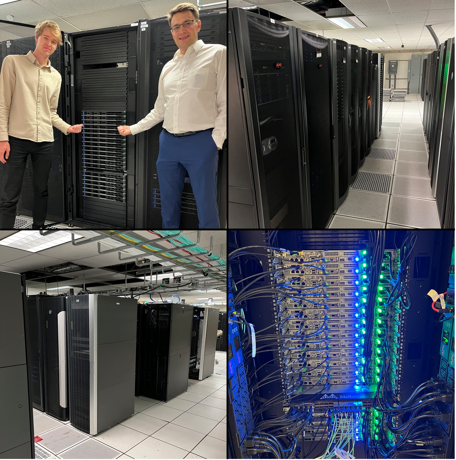 Top left: Iaroslav and Dr. Popov pointing to the server rack with the 15 new HPC nodes. Top right: Rows of server racks. Bottom left: More rows of server racks. Bottom right: The back side of the server rack, showing the wiring of the nodes.