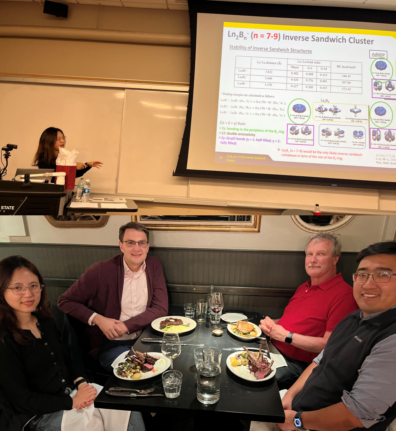 Top: Professor Wanlu Li pointing at her presentation Bottom: Professor Wanlu Li and other WSU faculty eating dinner