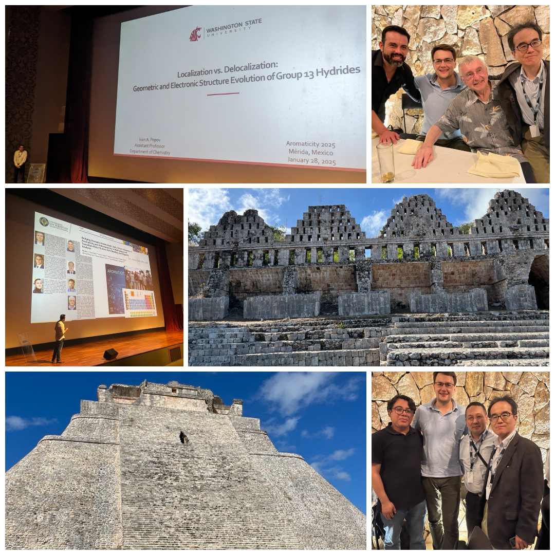 Top Left: Ivan giving his PowerPoint presentation on group 13 hydrides. Top Right: Ivan and his companions at the conference. Middle Left: A PowerPoint presentation. Middle Right: Stone pyramids. Bottom Left: Another stone pyramid. Bottom Right: Ivan and his companions at the conference.