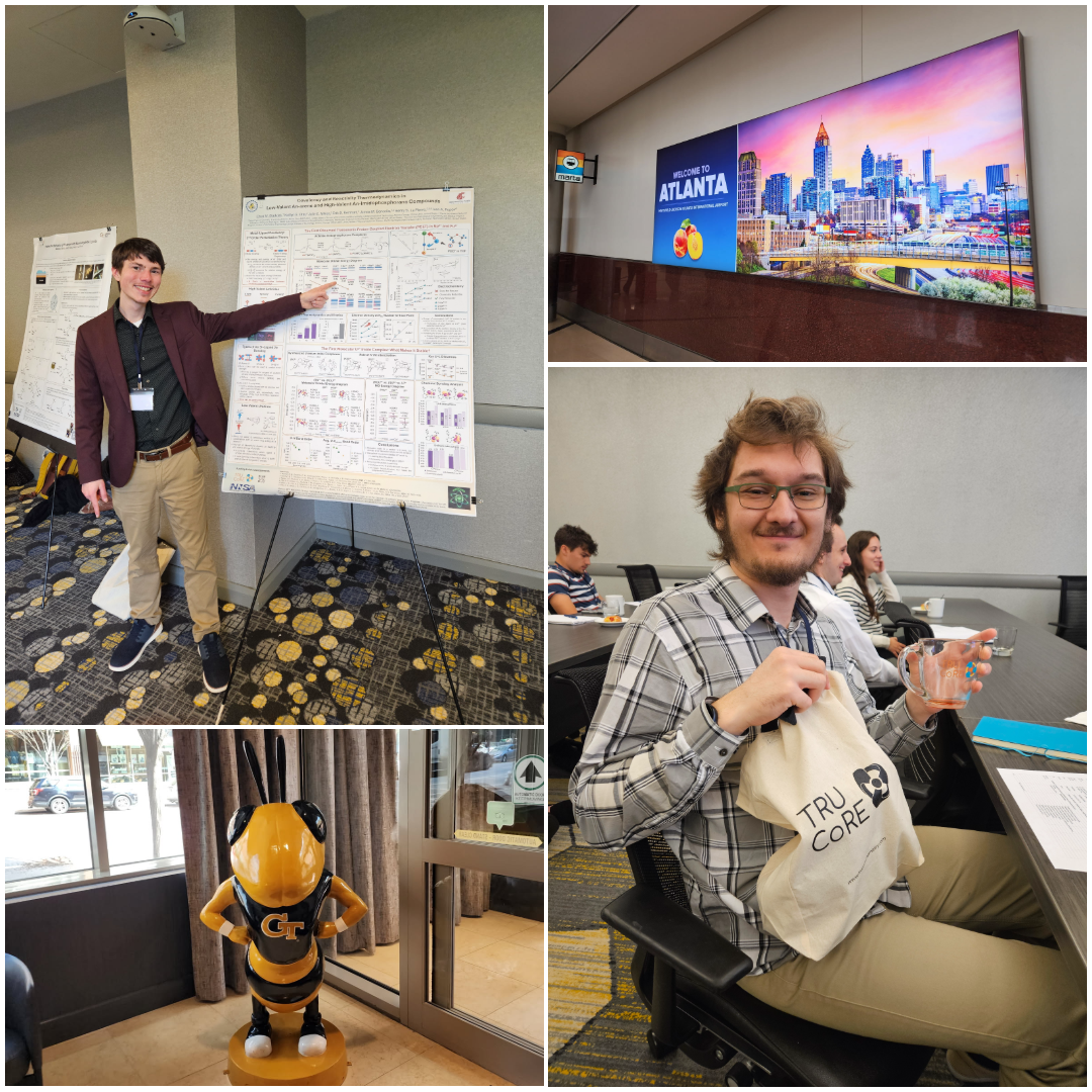 Top left: Chad pointing at a poster. Top right: Sign saying Atlanta. Bottom left: Mascot of Georgia Tech. Bottom right: Jonah showing off TRU-CoRE swag