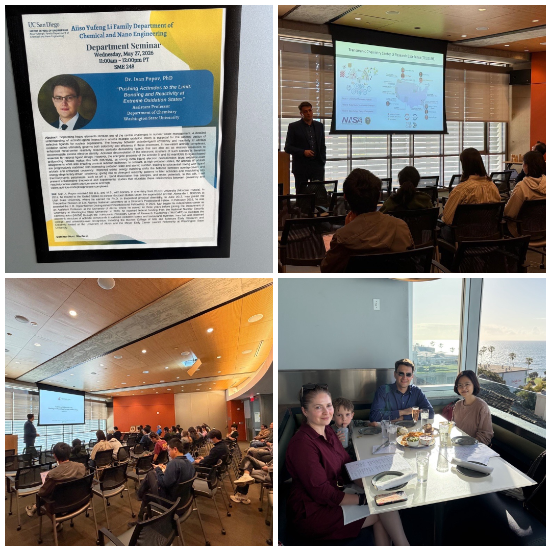Collage with photos from Dr. Popov's invited seminar at UC San Diego, May 27, 2026