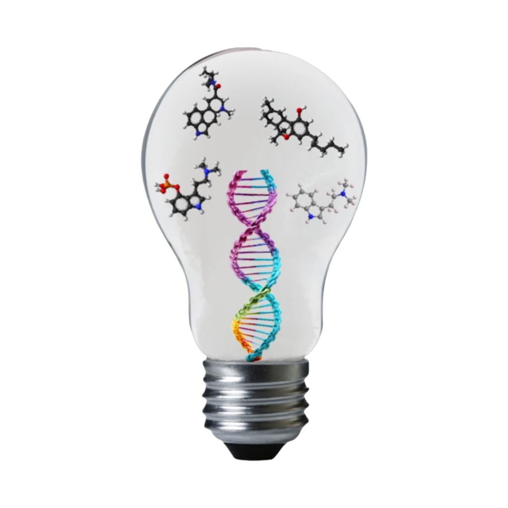 Realistic Lightbulb with a rainbow DNA helix in the middle replacing the wires. Four molecular structures, (from left to right) psilocybin, THC, LSD, and DMT are also within the lightbulb above the DNA helix.