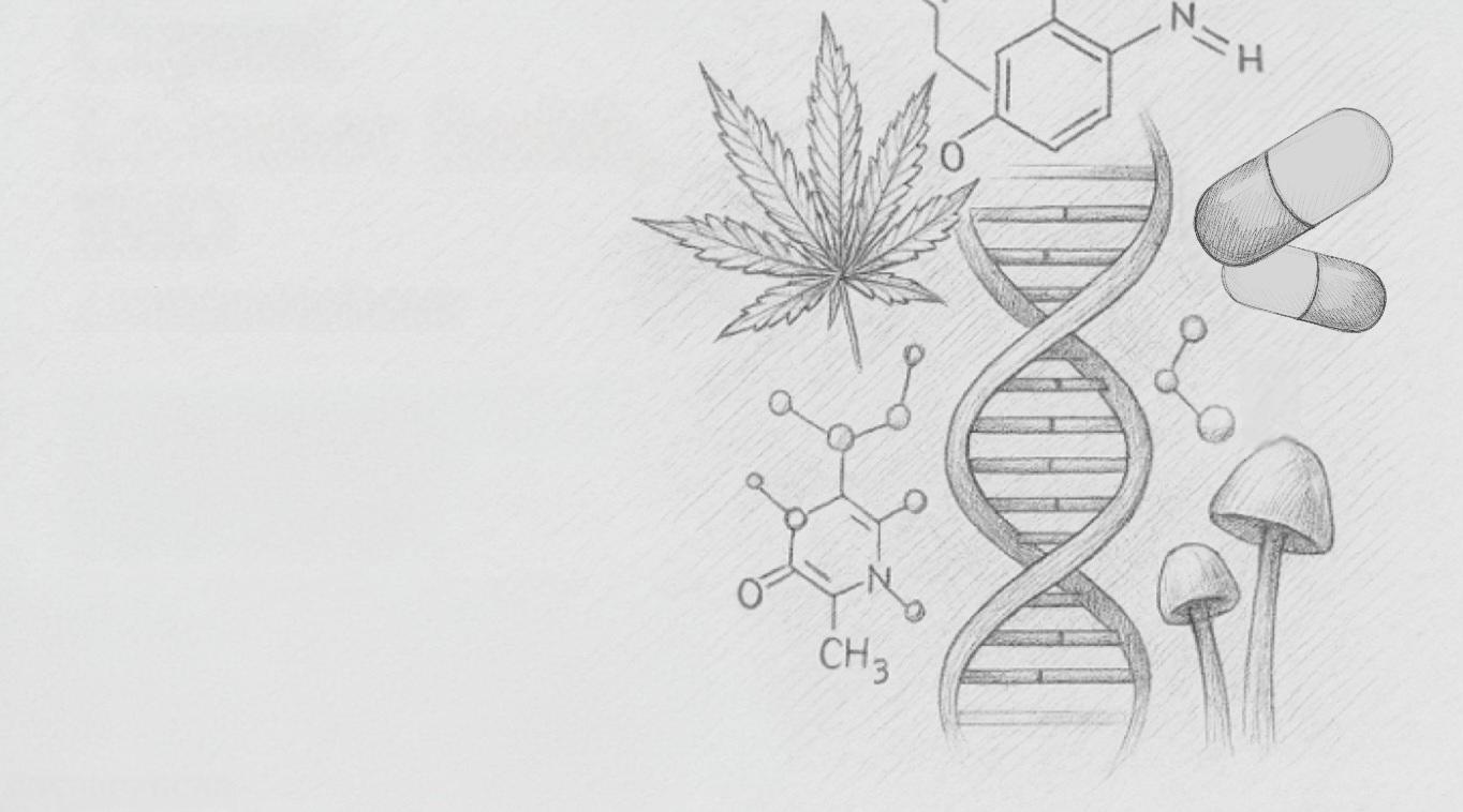 Illustration featuring a cannabis leaf, a DNA double helix, two capsules, chemical structures, and two mushrooms, symbolizing genetics, pharmaceuticals, and natural compounds.