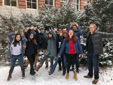 Lab members posing as mussel or copepod