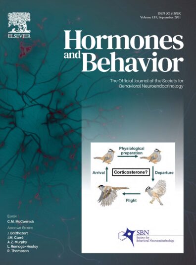 Cover of Hormones and Behavior journal showing a diagram of corticosterone's potential role in migration. 