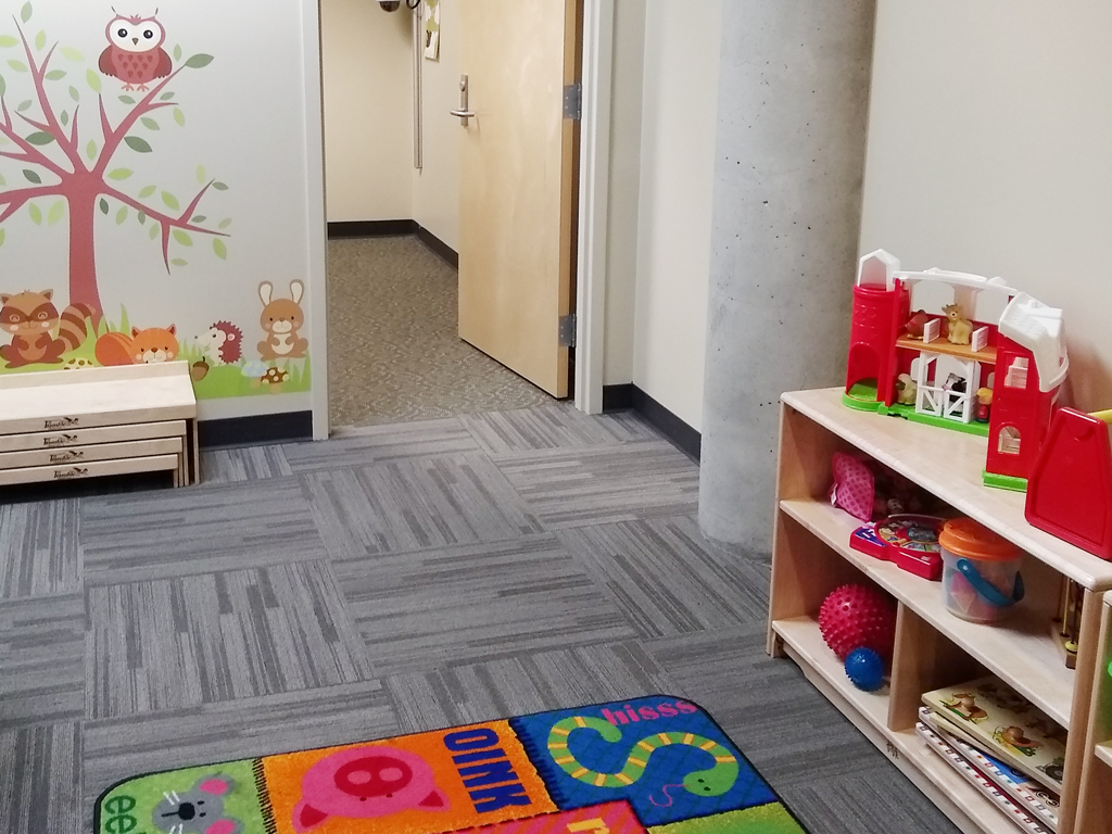Play area with bookshelf full of toys.
