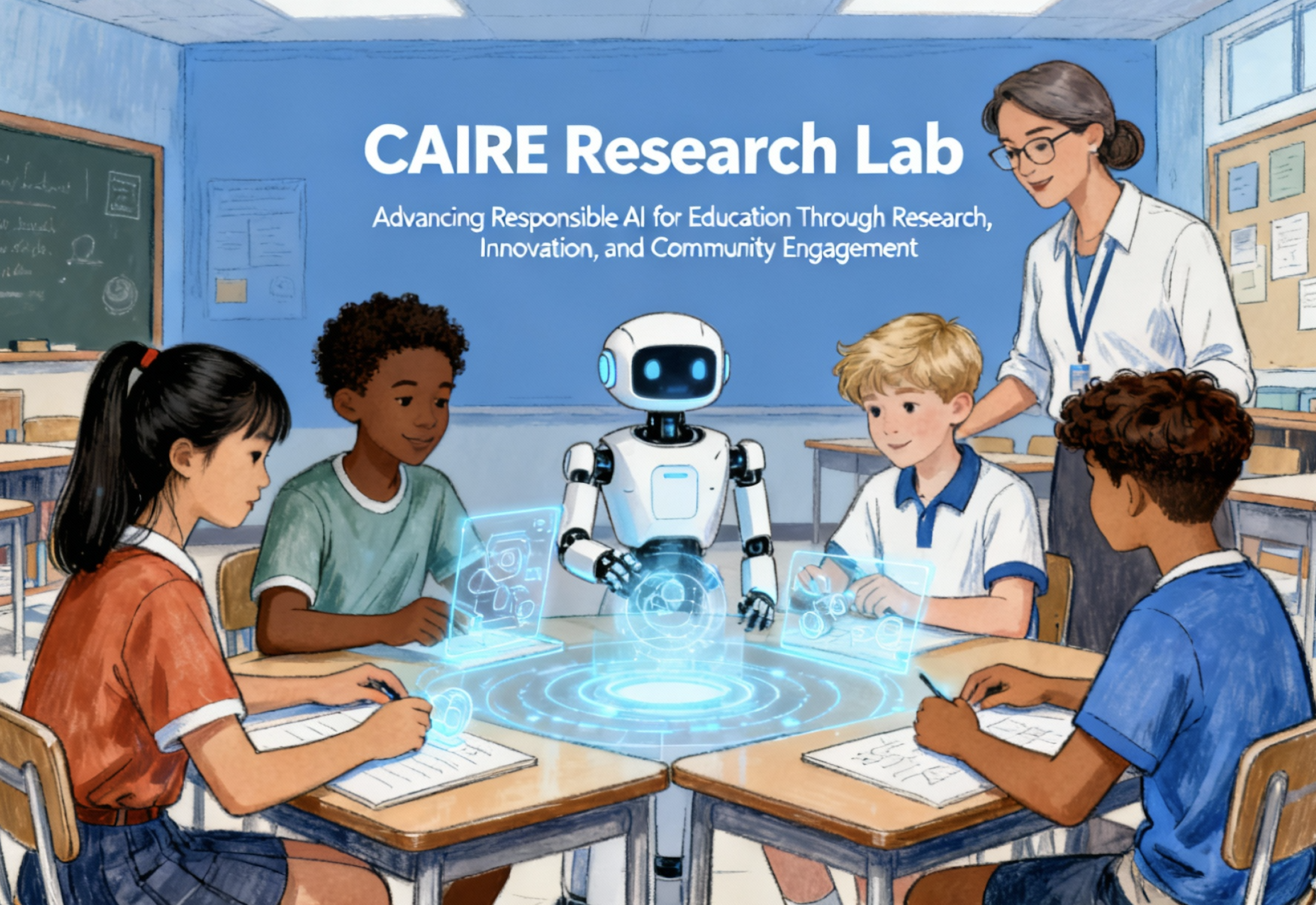 Illustration of students learning with an AI robot in a classroom, representing human-centered AI in education.