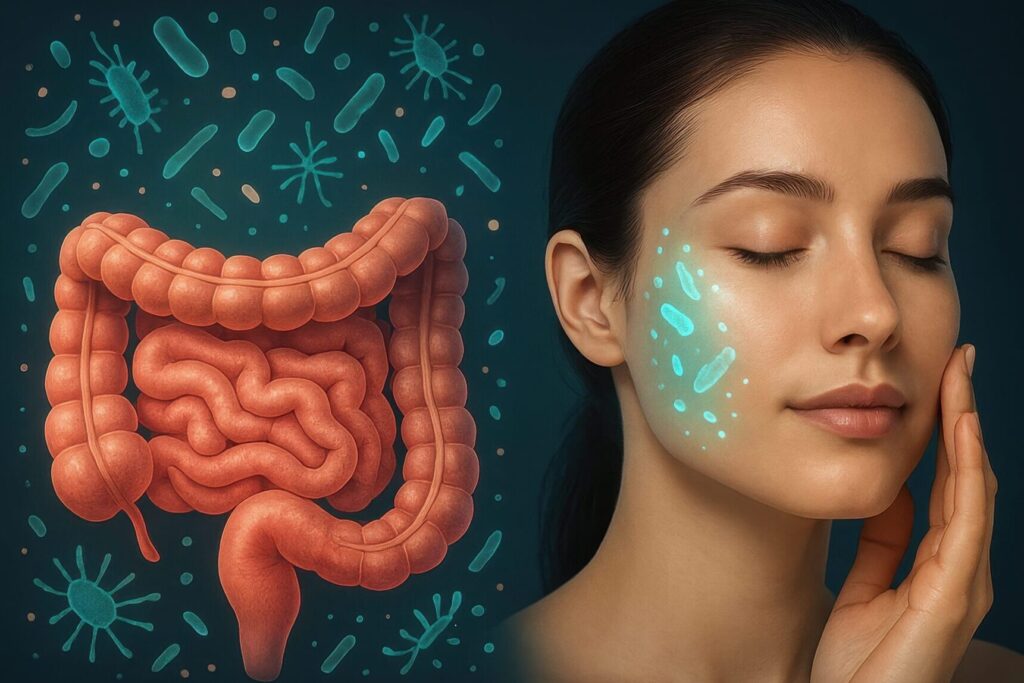 An artistic image shows the gut surrounded by microbes on the left and a woman touching her face with microbes on the other side of the face on the right.