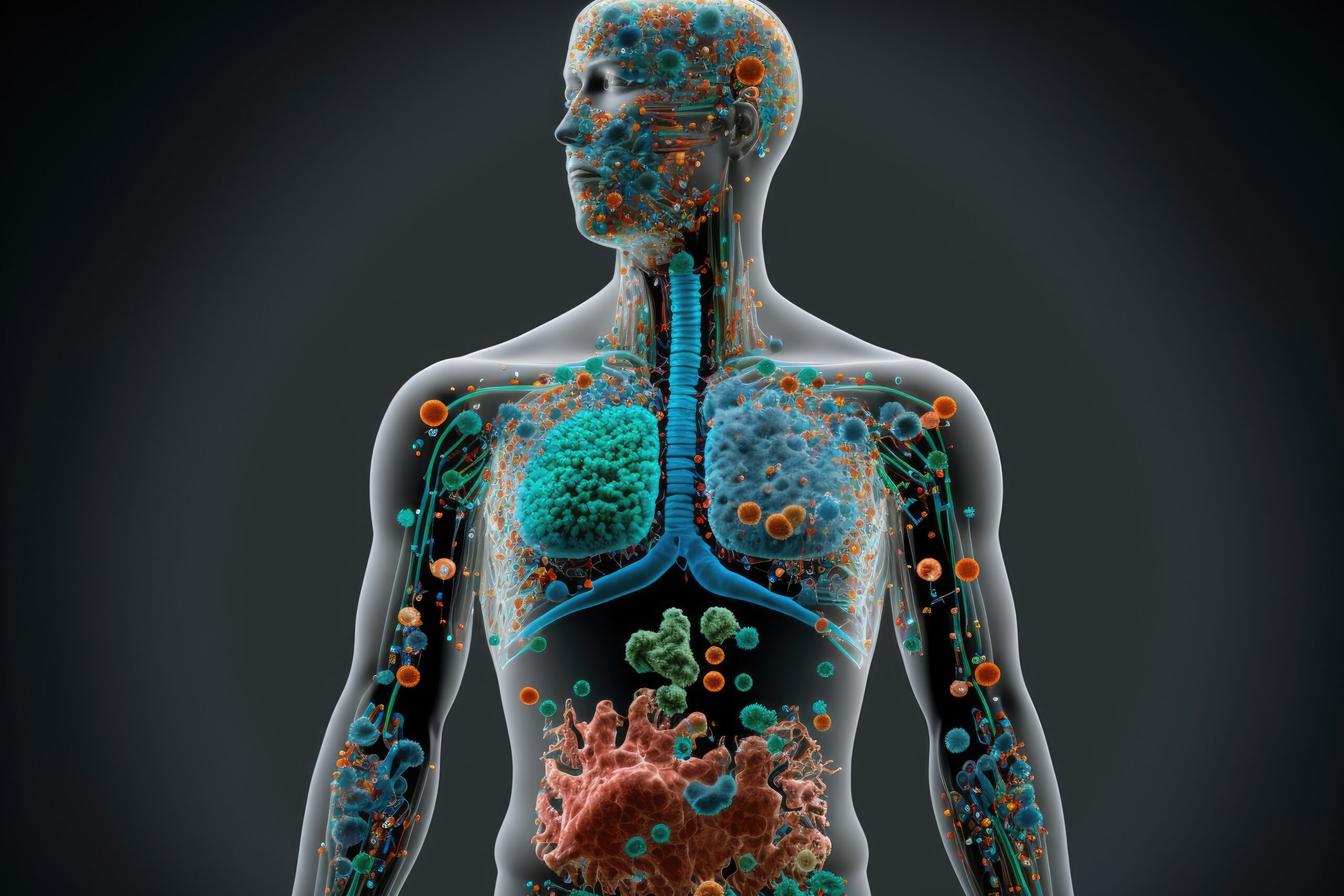 3d illustration of the human microbiome in a black background.