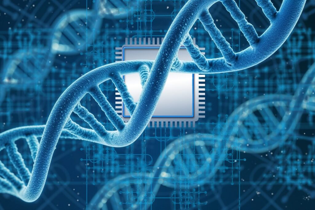 Artistic rendering of dna. Color scheme is blue.