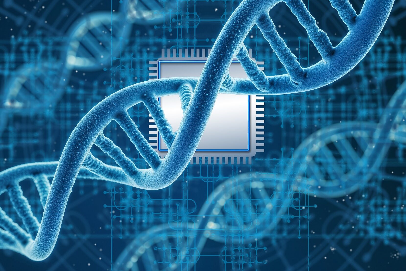 Artistic rendering of dna. Color scheme is blue.