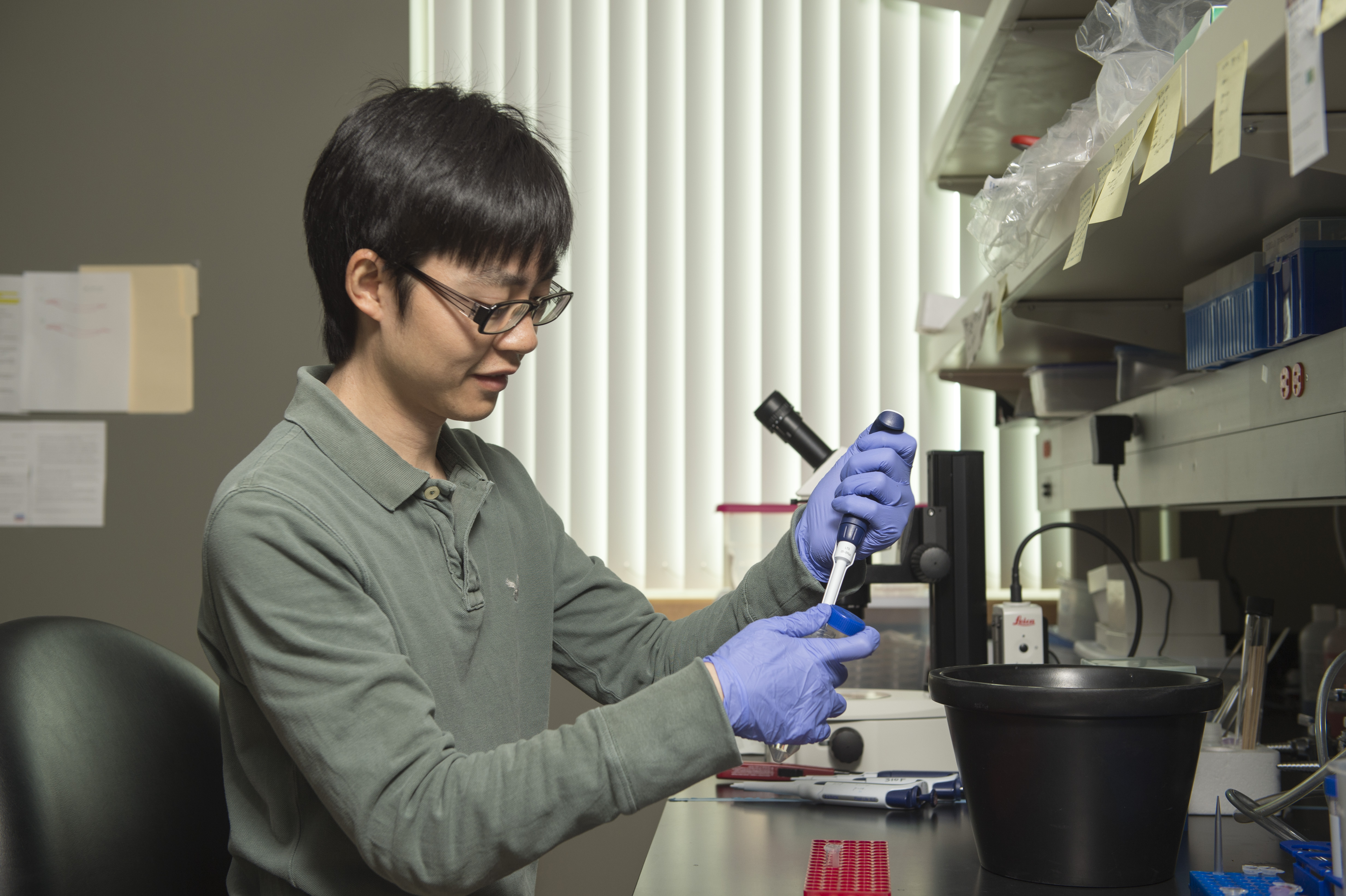 Researcher putting liquid into a test tube.