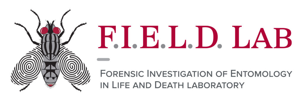 Graphic of a fly with fingerprint wings. Text reads F.I.E.L.D. LAB. Forensic Investigation of Entomology in Life and Death Laboratory